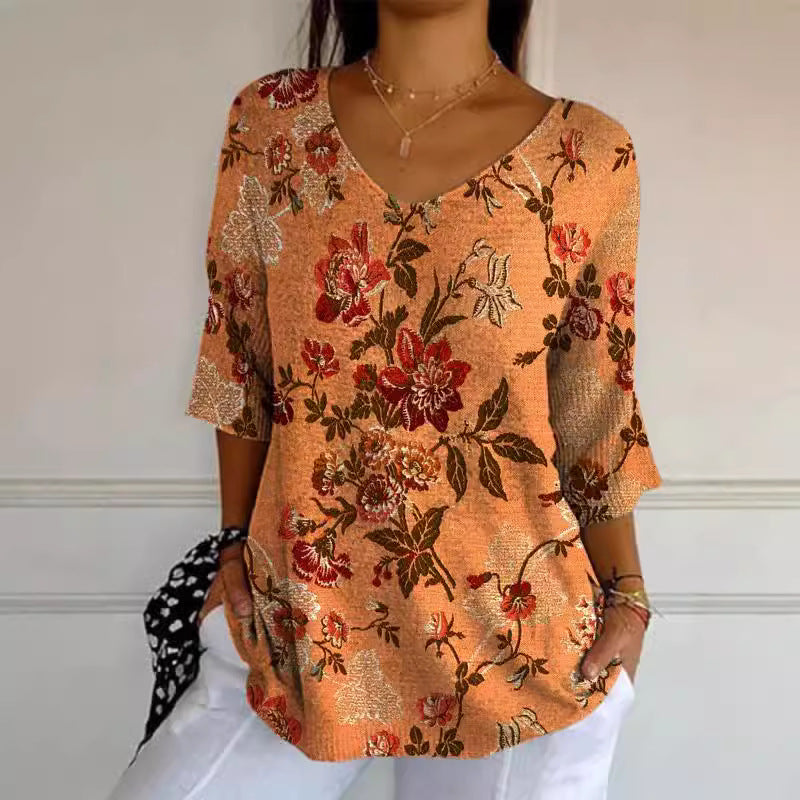 Elegant Retro Womens Casual Floral Print V-Neck Long-Sleeve Top