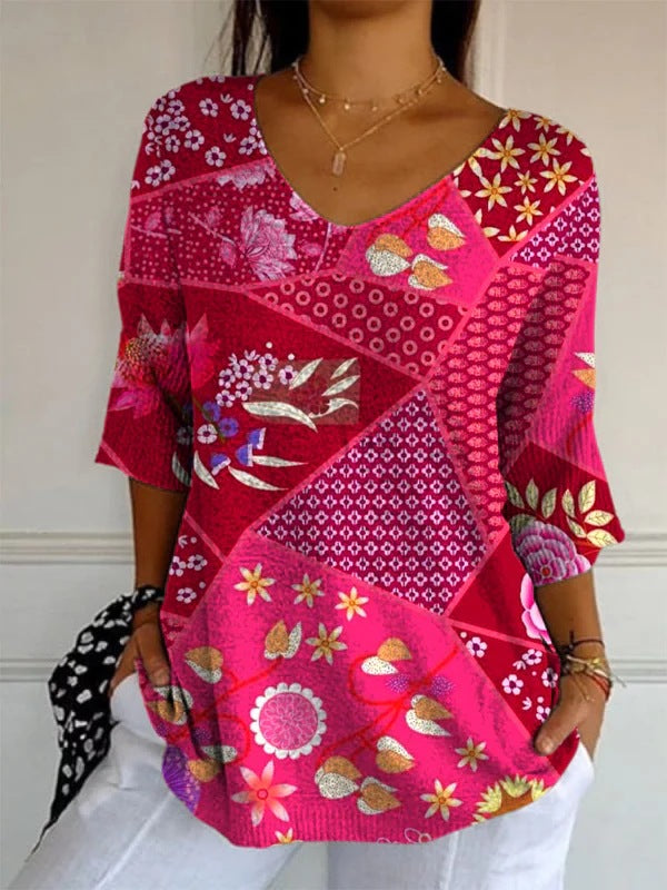 Elegant Retro Womens Casual Floral Print V-Neck Long-Sleeve Top