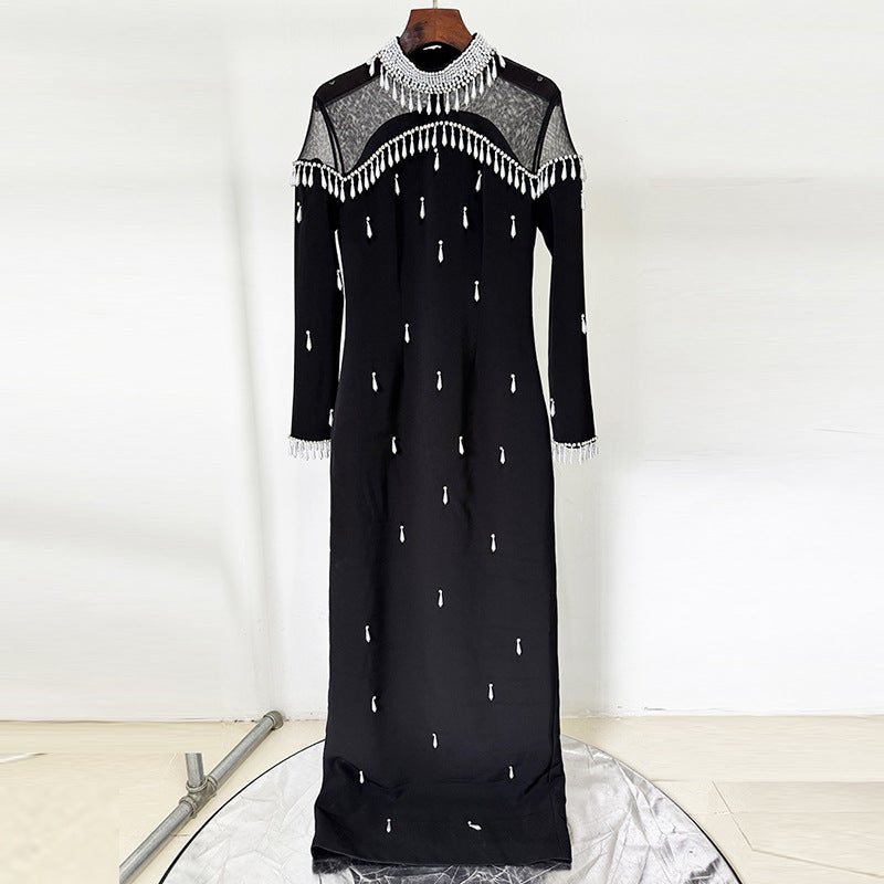 Heavy-duty Pearl Bead And Diamond-embellished Mesh-panel Long Dress