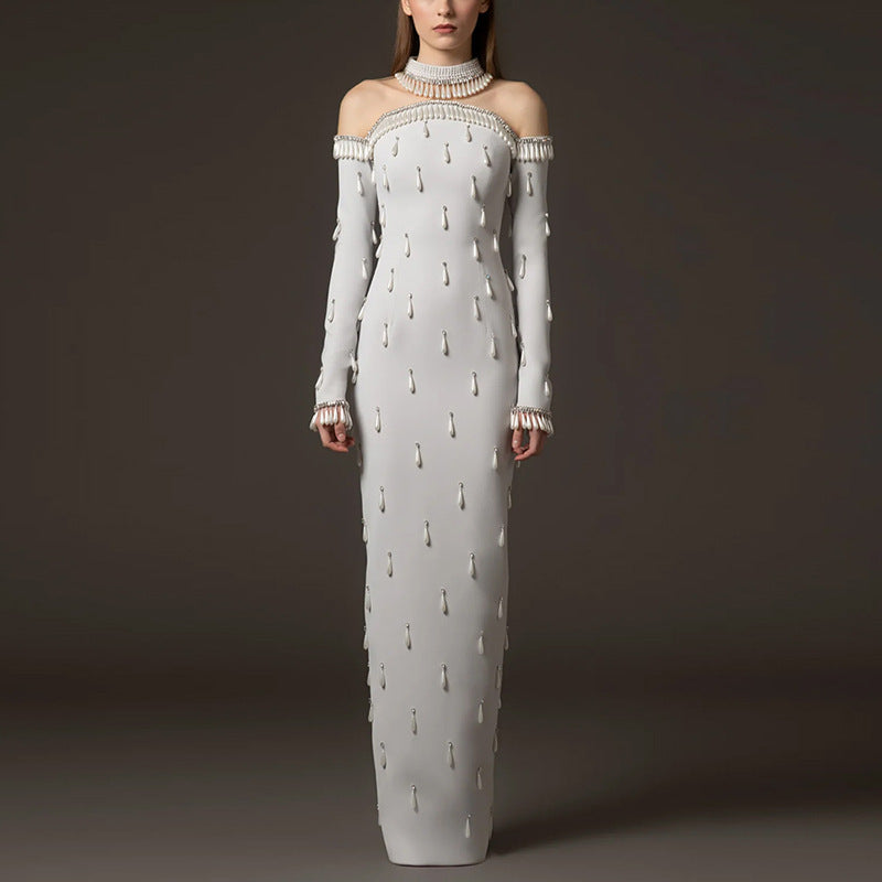 Heavy-duty Pearl Bead And Diamond-embellished Mesh-panel Long Dress