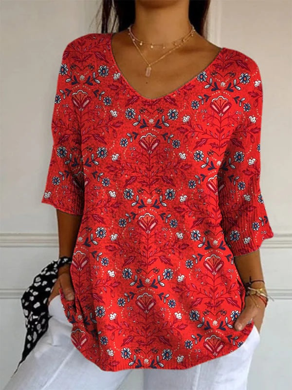 Elegant Retro Womens Casual Floral Print V-Neck Long-Sleeve Top