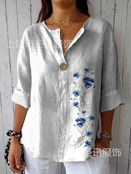 Womens Fashionable Long-Sleeve V-Neck Printed Shirt Top
