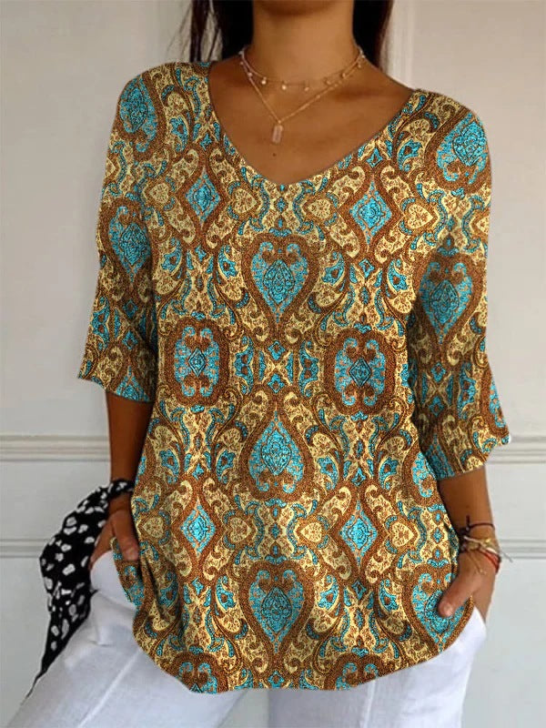 Elegant Retro Womens Casual Floral Print V-Neck Long-Sleeve Top