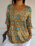 Elegant Retro Womens Casual Floral Print V-Neck Long-Sleeve Top