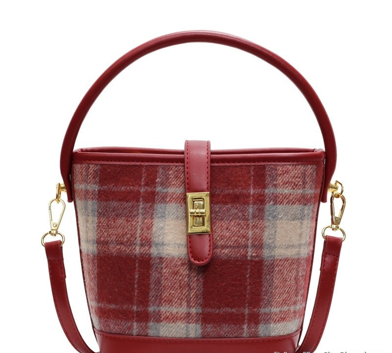 Korean-style Niche Vintage Suede Plaid Tote Bucket Bag