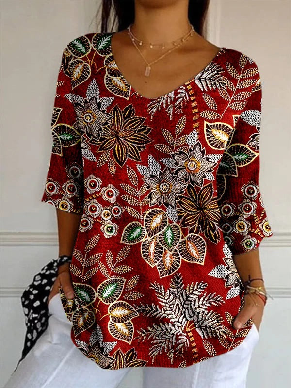 Elegant Retro Womens Casual Floral Print V-Neck Long-Sleeve Top