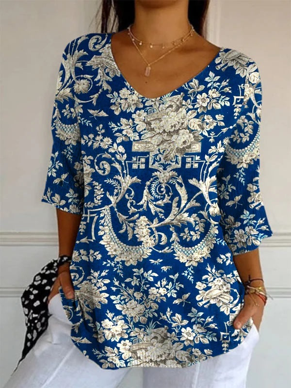 Elegant Retro Womens Casual Floral Print V-Neck Long-Sleeve Top